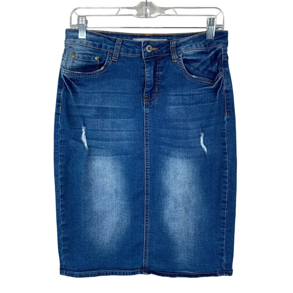 !iT Tatiana Jean Skirt Stretchy Distressed Blue Denim Pencil Knee Women's 6